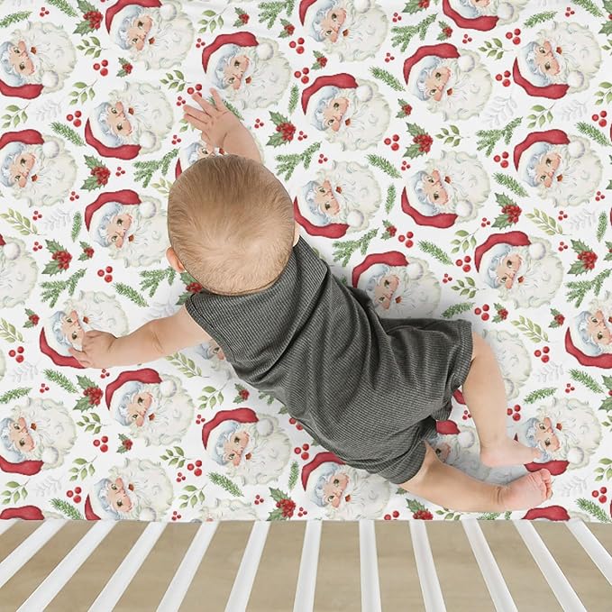 Vintage Christmas Santa Baby Crib Sheets for Boy Girl 52"x28" Santa Claus Cherry Fir Leaves Soft Snug Fitted Crib Mattress Cover Winter Holiday Baby Sheet for Standard Crib & Toddler Bed Mattress