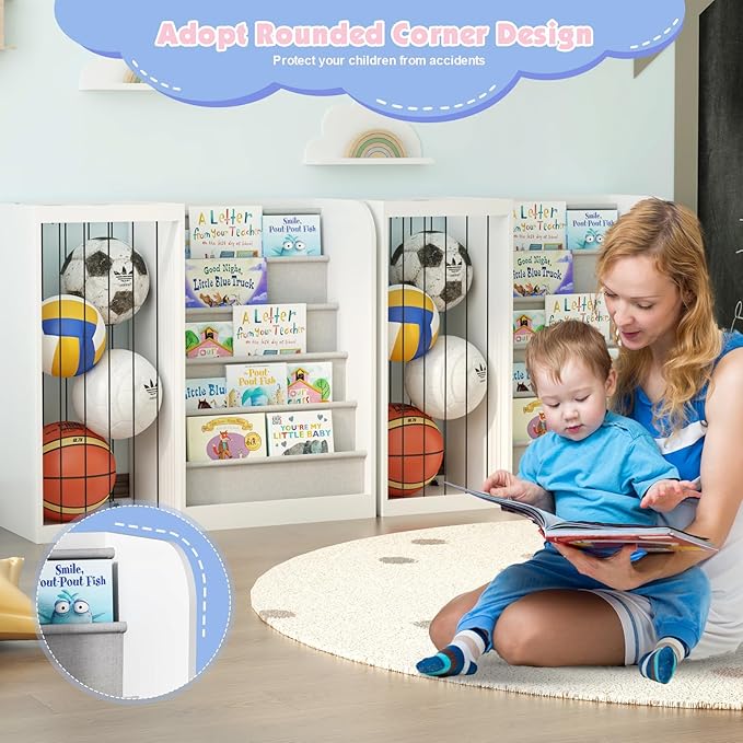 HedoAjim White Kids Bookshelf & Stuffed Animal Net Holder Plush Toy Storage Organizer Child Bookcase Toddler Baby Sling Book Rack for Playroom Bedroom Nursery Infant Boys Girls Classroom