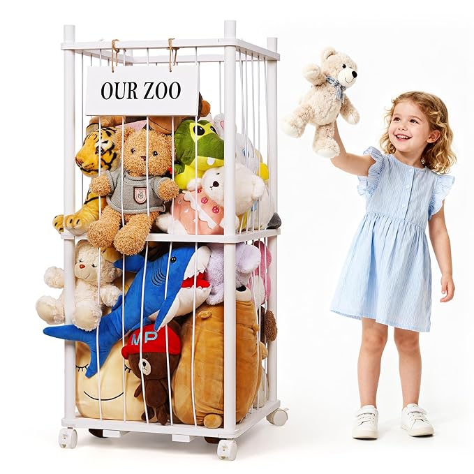 Edudif Stuffed Animal Storage Zoo, Wooden Stuffed Animal Organizer with Removable Wheels & 5-Row Elastic Cords, Space-Saving Plush Toy Storage Holder for Playroom, Bedroom, Nursery
