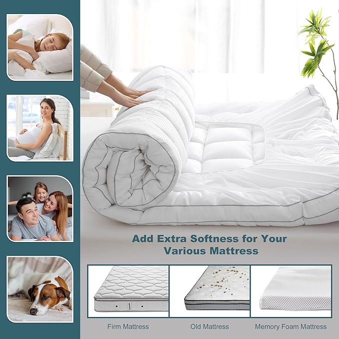 UNILIBRA Full Size Mattress Pad Pillow Top Mattress Cover Padded with Down Alternative Filling Quilted Fitted Mattress Protector Streches up 8-19" Deep Pocket Cooling Mattress Topper