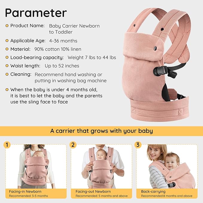 Baby Carrier Newborn to Toddler- Ergonomic,Cozy and Lightweight Infant Carrier for 7-40lbs,3 Carry Positions Newborn Carrier