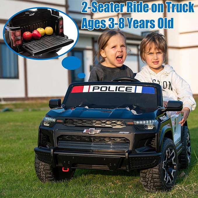 FINITO 24V Ride on Electric Licensed Chevrolet Colorado 2025, Police Car Paint, Dual Drive Mode, LED Light, Truck Storage, Bluetooth Music Player, Gift for Boys and Girls, for 3+ Kids (Police Black)