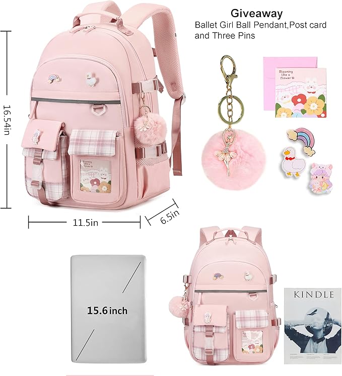 KIDNUO Backpack for Girls, 15.6 Inch Laptop School Bag Kids Kindergarten Elementary College Backpacks Large Bookbags for Teen Girl Women Students Casual Travel Daypacks (Pink)