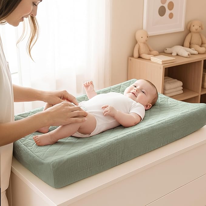 Konssy Waterproof Muslin Changing Pad Cover 2 Pack, Quilted Cotton Fitted Diaper Changing Table Cover, Soft Changing Pad Sheets for Girls Boys (Leafy,Green)