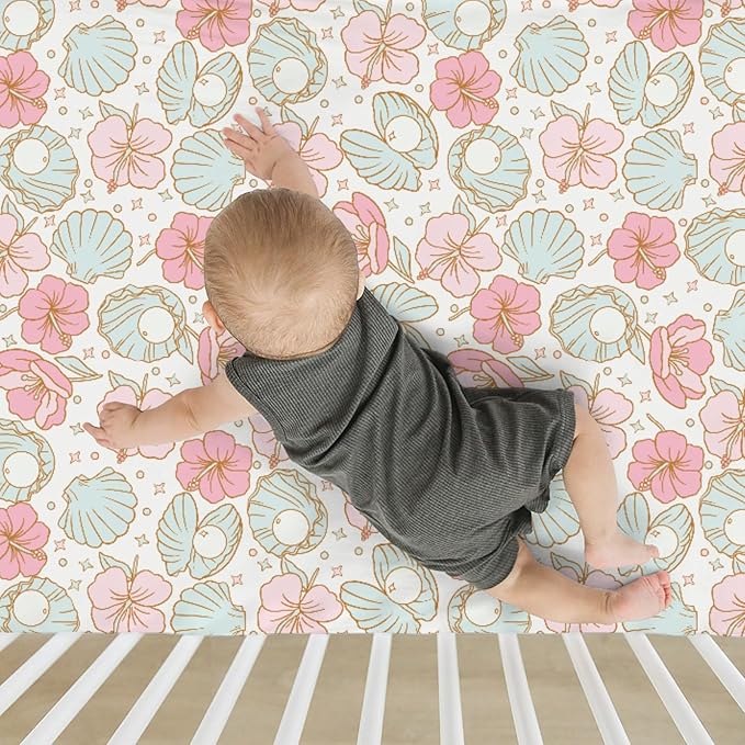 Boho Summer Mermaids Floral Baby Crib Sheets for Boy Girl 52"x28" Beach Seashells Conch Tropical Flowers Soft Snug Fitted Crib Mattress Cover Ocean Marine Baby Sheet for Crib & Toddler Bed Mattress