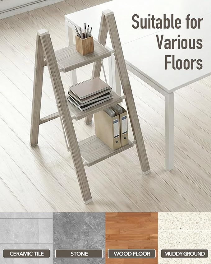 Mayi Plus 3 Step Ladder,Aluminum Folding Step Stool for Adults,Step Ladder with Wide Anti-Slip Pedal,330 lbs Capacity for Home,Kitchen,Library,Office(Fir Woodgrain)