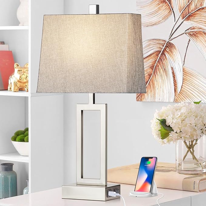 Lolikit 23.5" Touch Control Table Lamps, Metal Bedside Lamp for Bedroom Set of 2 with USB A+C Ports & AC Outlet, 3-Way Dimmable Nightstand Lamp for Living Room (LED Bulb Included)
