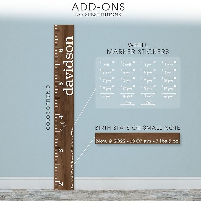 Wooden Kids Growth Height Chart Ruler for Boys and Girls Painted or Engraved (Classic Print)
