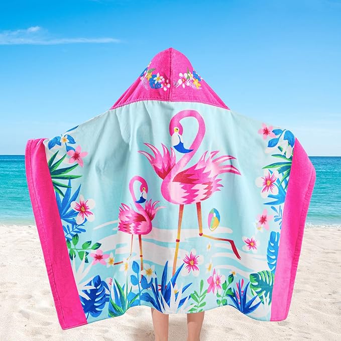 VOOVA & MOVAS Flamingo Hooded Towels for Girls Age 3-8, 30''X50, Soft | Thick |100% Cotton | Absorbent Wrap Towel, Perfect for Beach, Pool, Bath, Swim, Tropical Flamingo