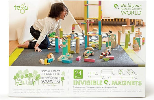 24 Piece Tegu Magnetic Wooden Block Set, Blues, 1-99 years old