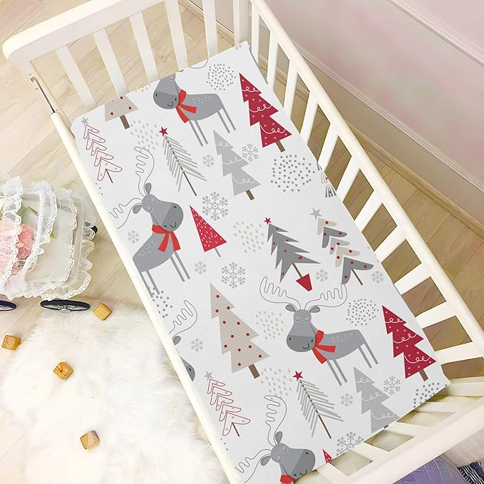 Christmas Trees Moose Crib Sheets Soft Breathable Fitted Baby Crib Sheets Mattress Cover for Girl Boys, 52" x 28" x 9"