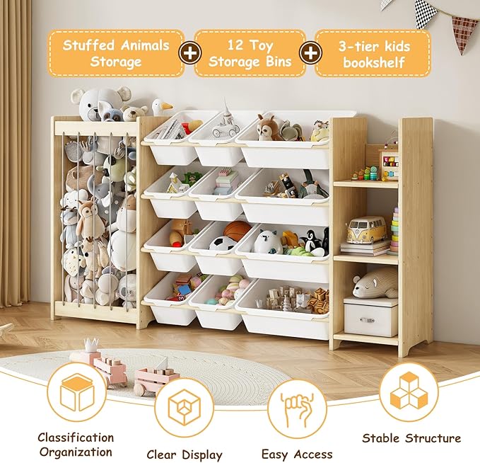 EXPERLAM 3-in-1 Toy Storage Organizer, Stuffed Animal Holder & 3-Tier Bookcase, Solid Wood Toy Organizer with 12 Storage Bins, Space-Saving Toy & Book Shelf for Kids Rooms, Bedroom, Playroom, White