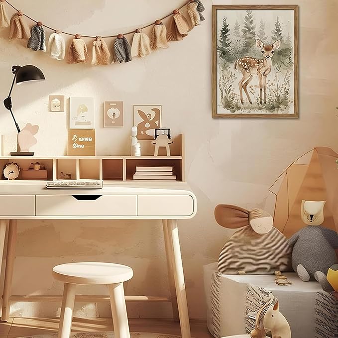 Framed Woodland Wall Art Nursery Decor Set of 3, Cute Wild Animals Bear Fox Deer Canvas Wall Art, Nature Watercolor Prints, Animal Pictures Wall Decor for Baby Room Kids Bedroom – 12x16 inch