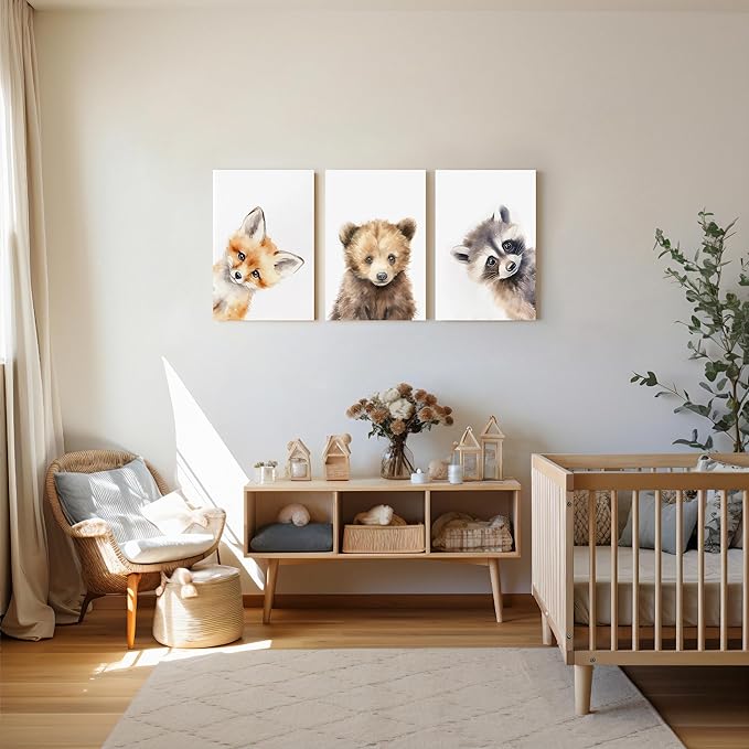 Adorable Bear Fox Raccoon Nursery Wall Decor, 3 Piece Baby Animals Art Poster for Baby Boy Girl Room Decor, Woodland Nursery Wall Art, Funny Kid Prints, Framed Canvas Set, 16"x24"x3