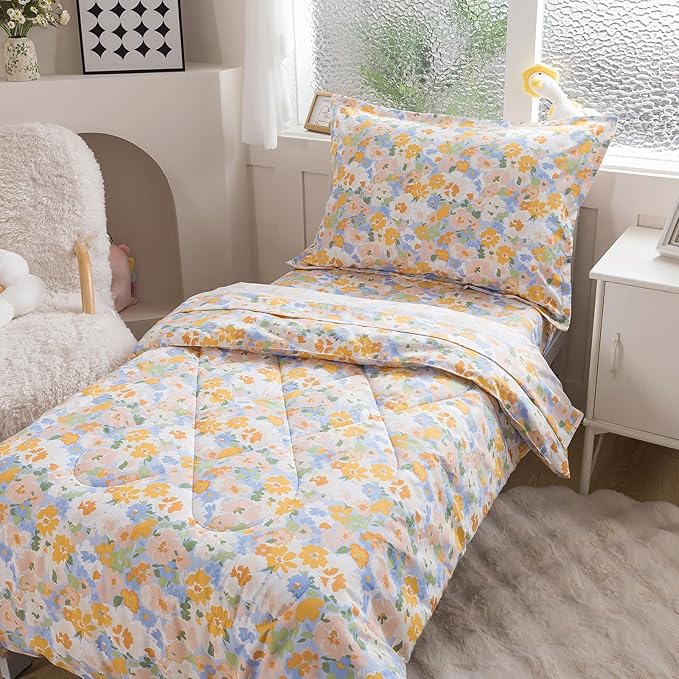 Caressma Toddler Bedding Set 4 Pieces,Smooth Microfiber Fabric Print Yellow Floral for Baby & Kids,Includes Flower Comforter, Fitted Sheet, Flat Sheet& Pillow Case for All Seasons