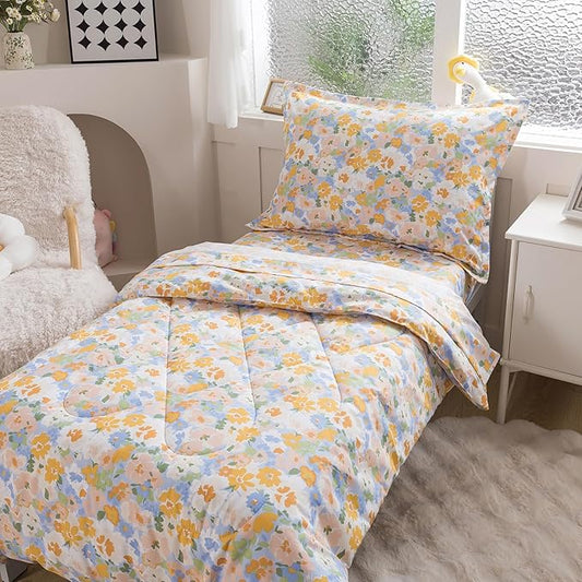 Caressma Toddler Bedding Set 4 Pieces,Smooth Microfiber Fabric Print Yellow Floral for Baby & Kids,Includes Flower Comforter, Fitted Sheet, Flat Sheet& Pillow Case for All Seasons