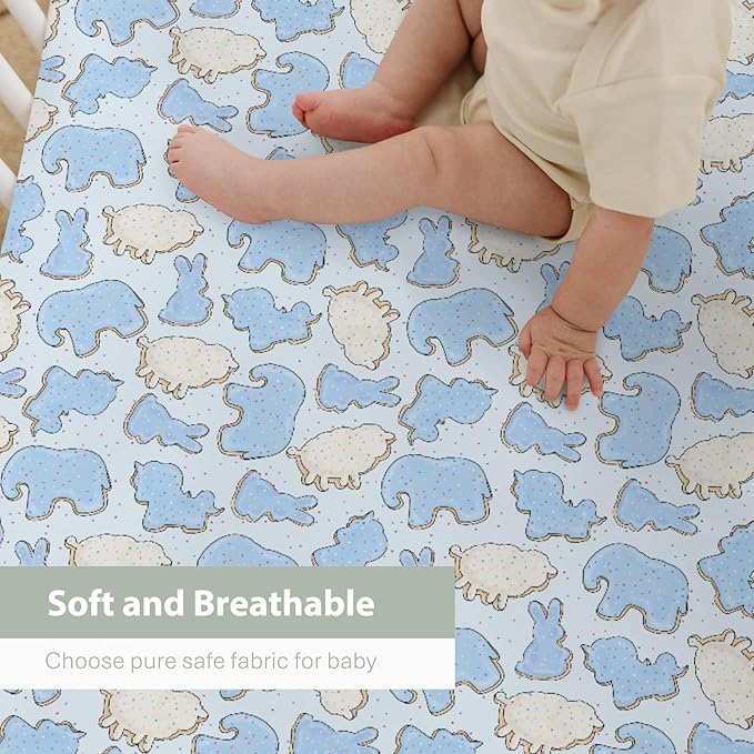 Blue Animal Cookie Baby Crib Sheets for Boy Girl 52"x28" Cute Frosted Animal Cookie Soft Snug Fitted Crib Mattress Cover Circus Animal Biscuits Baby Sheet for Standard Crib & Toddler Bed Mattress