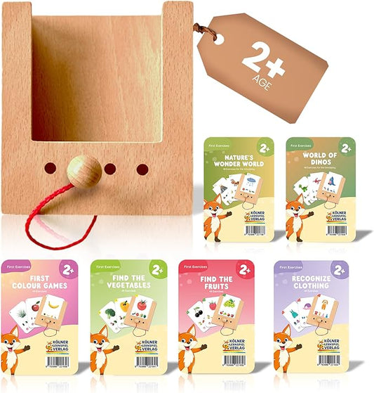 Puncho Educational Talking Flash Cards Game for Toddlers - Sensory Toys with Wooden Hole Box & 6 Bilingual Card Sets - Early Development Fun Matching Games for Kids - Ages 2+ (6, Age 2+)
