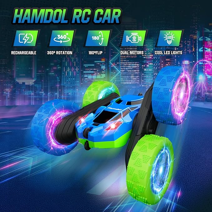 RC Cars Toys for Kids Ages 6-12, 360° Spinning Double-Sided Remote Control Car with LED Lights, 4WD Rechargeable Toy for Boys Age 8-10, Perfect Birthday Holiday