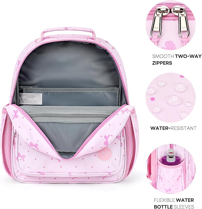 mibasies Girls Backpack 5-8: Lightweight Kids Backpacks for Girls - Girl Bookbag for Elementary School - Polka Dot Bow Pink