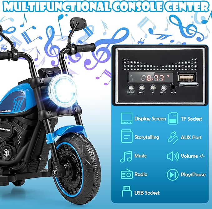 HONEY JOY Ride On Motorcycle, 6V Toddler Motorcycle with LED Light, Music, Foot Pedal, Forward/Backward, Soft Start, 3-Wheel Battery Powered Electric Motorcycle for Kids, Gift for Boys Girls (Blue)