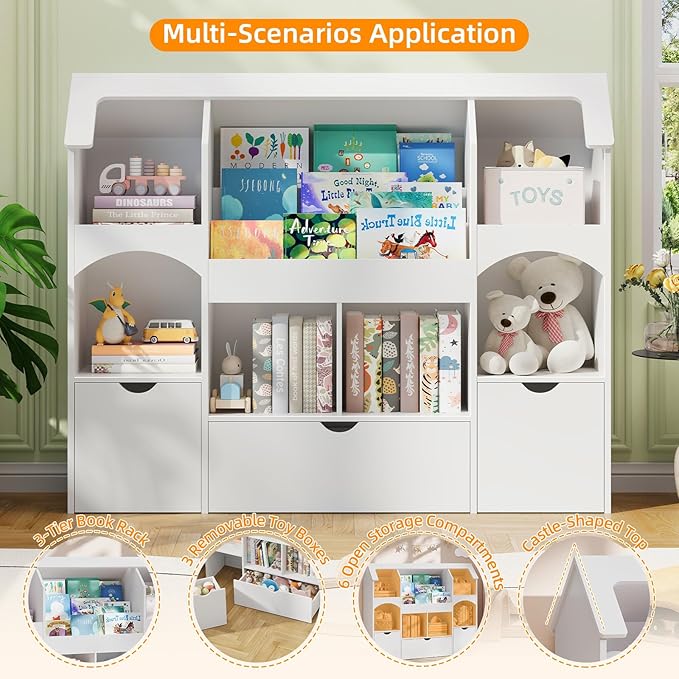 Halitaa Kids Bookshelf with Toy Storage, Castle-Shaped Bookshelf with 3 Movable Drawers and LED Lights, Toy Storage Organizer with 3-Tier Book Rack for Kids Room, Playroom, Nursery