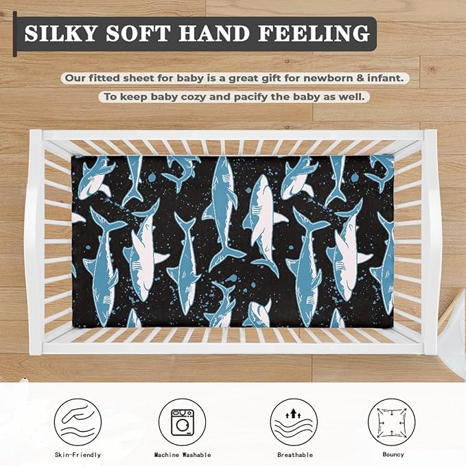 Blue Sharks Fitted Crib Sheet Marine Sharks Baby Crib Sheet Fit Standard Crib and Toddler Mattress,Crib Mattress Sheets for Boys Girls 28"x52"