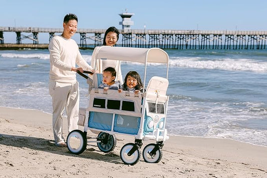 WONDERFOLD Volkswagen Double Stroller Wagon (2 Seater) - Foldable Wagon Stroller with Classic VW Bumper, Headlights, and Retro All-Terrain XL Wheels, Bondi Blue
