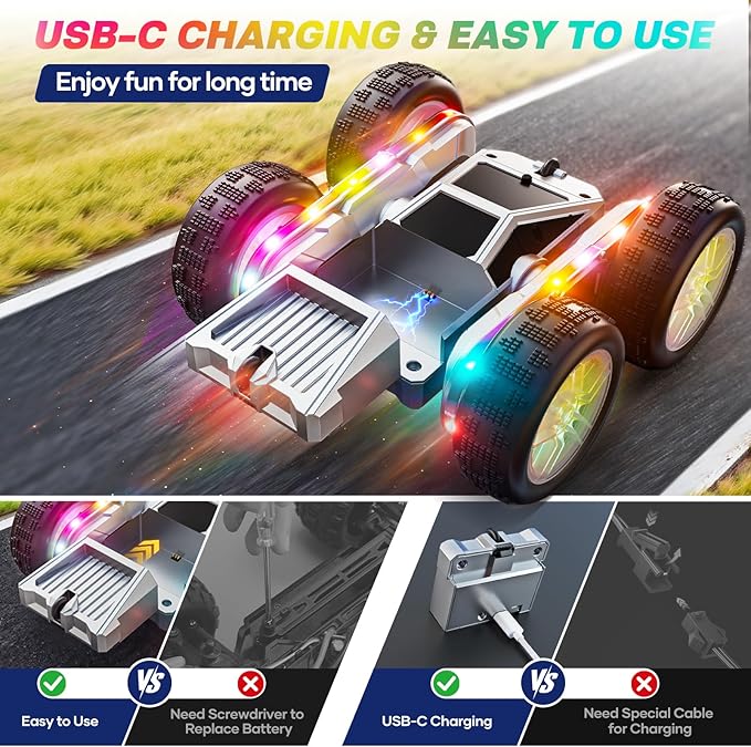 WayEee Remote Control Car for Boys 4-7, 360° Flips Rotating RC Stunt Car with Type-C Charging and LED Lights Strips, 2.4 GHZ Double Sided All Terrain 4WD RC Cars for Girl Boys Christmas Birthday Gift
