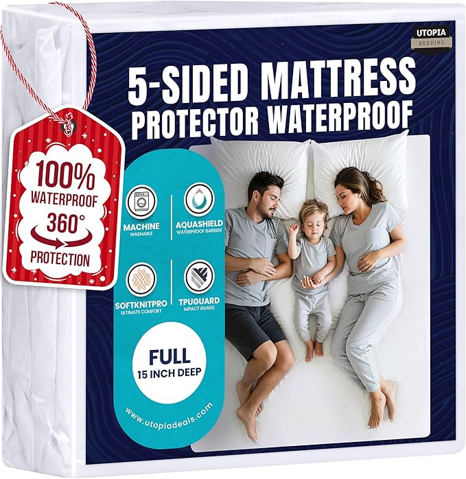 Utopia Bedding Waterproof 5-Sided Mattress Protector Full Size, Premium Breathable Mattress Cover, Fitted Style with Stretchable Pockets (White)
