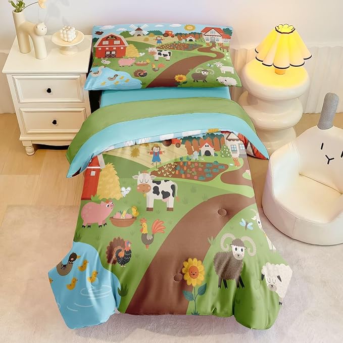4 Pieces Toddler Bedding Set for Boys Girls,Farmhouse Farm Animal Toddler Comforter Set Bed in a Bag Includes Comforter, Flat Sheet, Fitted Sheet and Pillowcase