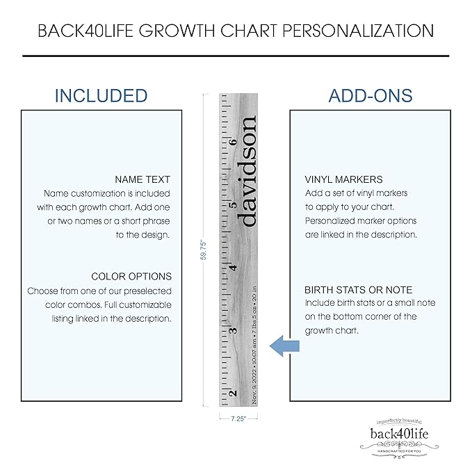 Wooden Kids Growth Height Chart Ruler for Boys and Girls Painted or Engraved (Classic Print)