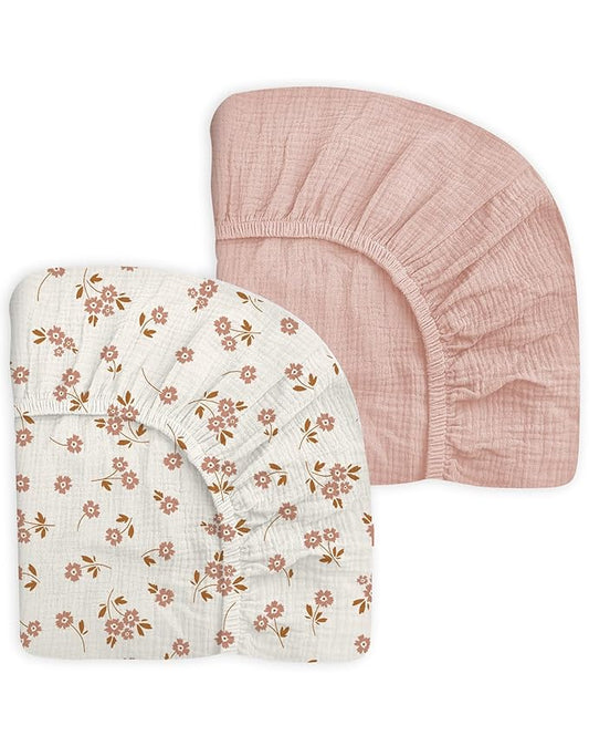 Mini Crib Sheets for Baby Boy Girl 2 Pack, Neutral Mini Crib Mattress Sheet 24" x 38", Muslin Nursery Bedding Soft and Breathable Comfort (Floral & Pink)