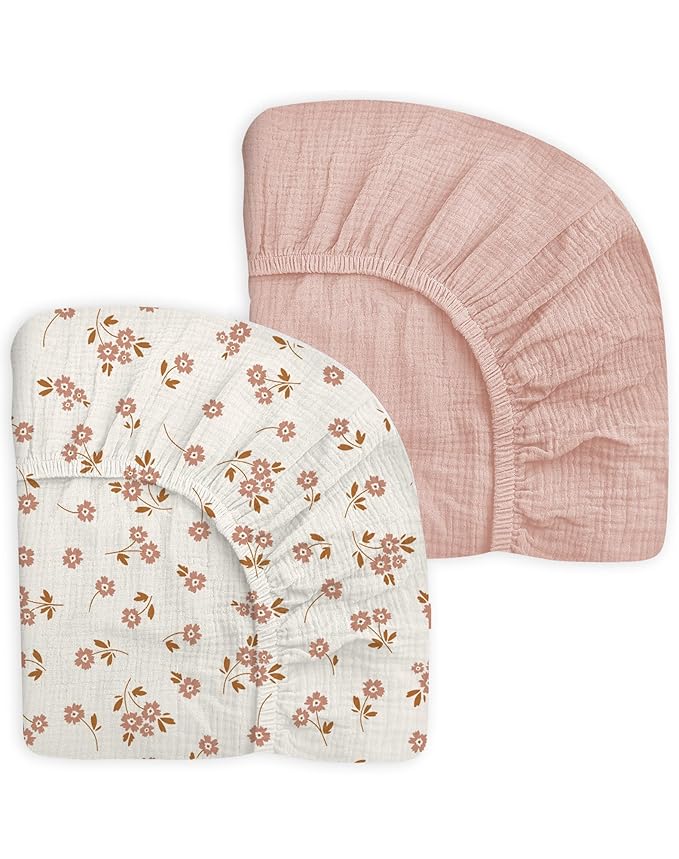 Crib Sheets for Baby Boy Girl 2 Pack, Fitted Crib Mattress Sheet 28" x 52", Muslin Toddler Bedding with Neutral Style, Nursery Bedding Essentials (Floral & Pink)