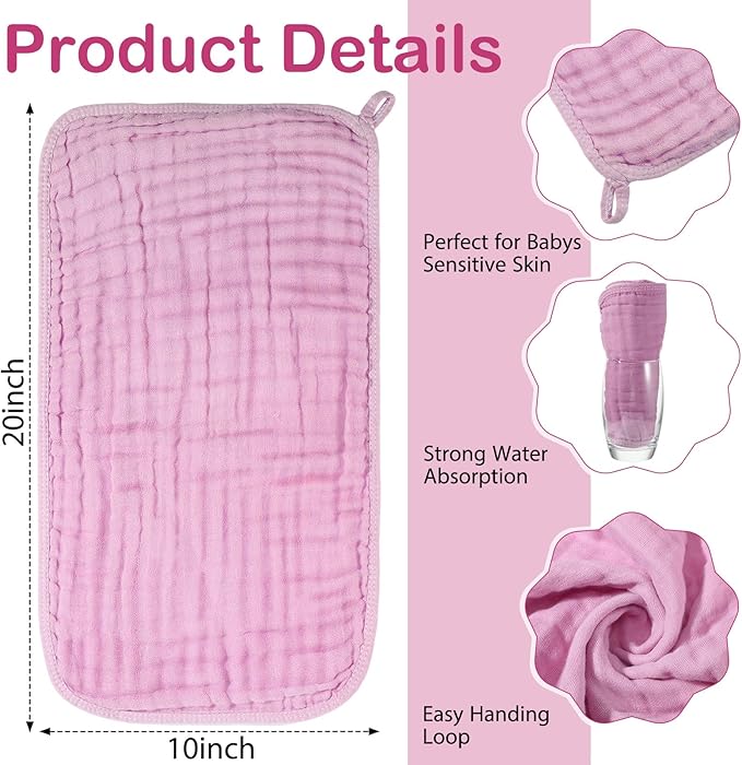 VitalCozy 6 Pcs Baby Muslin Hooded Bath Towels and Washcloths Muslin Cotton Hooded Baby Towels Absorbent Blankets for Gift Newborn Infant Shower (32 x 32 Inch,Rose Red,Pink)