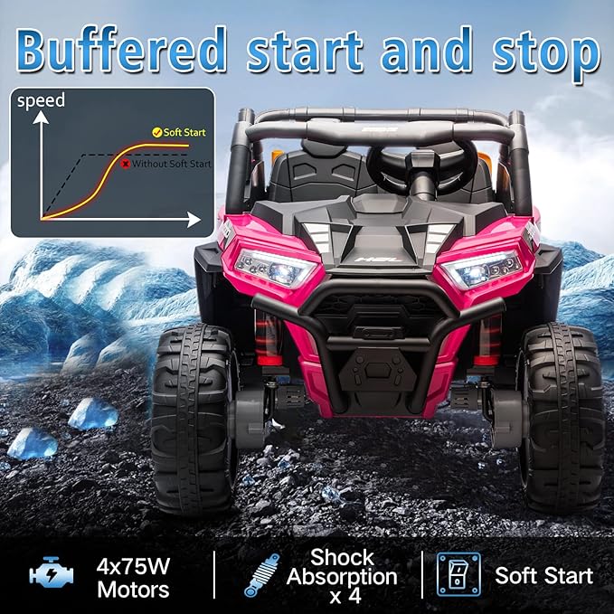24V Car for Kids, 4WD Ride on Electric Cars, 4x4 Battery Powered Electric UTV for Boys Girls, 3 Speeds Off Road Truck with Bluetooth (Pink)