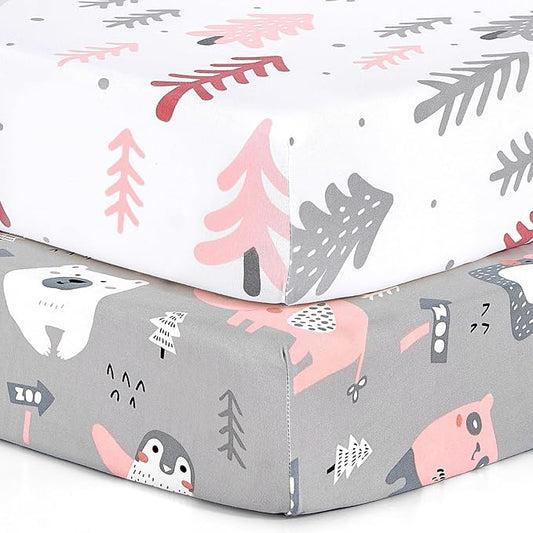 BROLEX 2 Pack Mini Crib Sheets, Stretchy Portable Fitted Playard Sheet Set, Convertible Playard Mattress Cover, Ultra Soft Breathable Material, Jungle Animals
