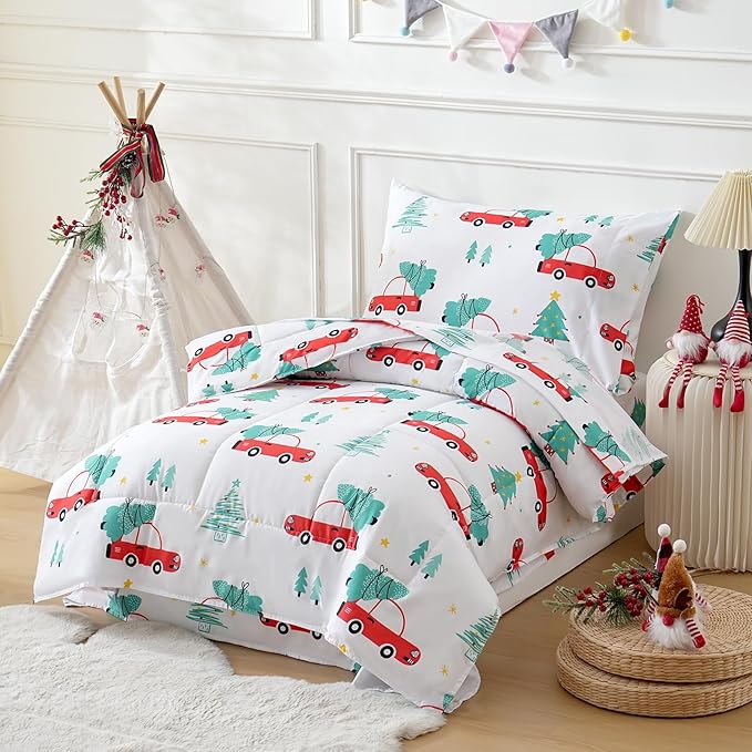 JSD Red Cars Christmas Tree Toddler Bedding Set, 4 Piece Bed-in-Bag Comforter Sheet Set, Machine Washabale Comfortable