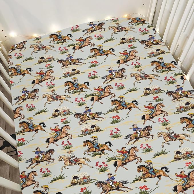 Vintage Cowboy Floral Baby Crib Sheets for Boy Girl 52x28Inch Western Cowboy Horse Soft Stretchy Fitted Crib Mattress Cover Wild West Desert Baby Sheet for Standard Crib & Toddler Bed Mattresses