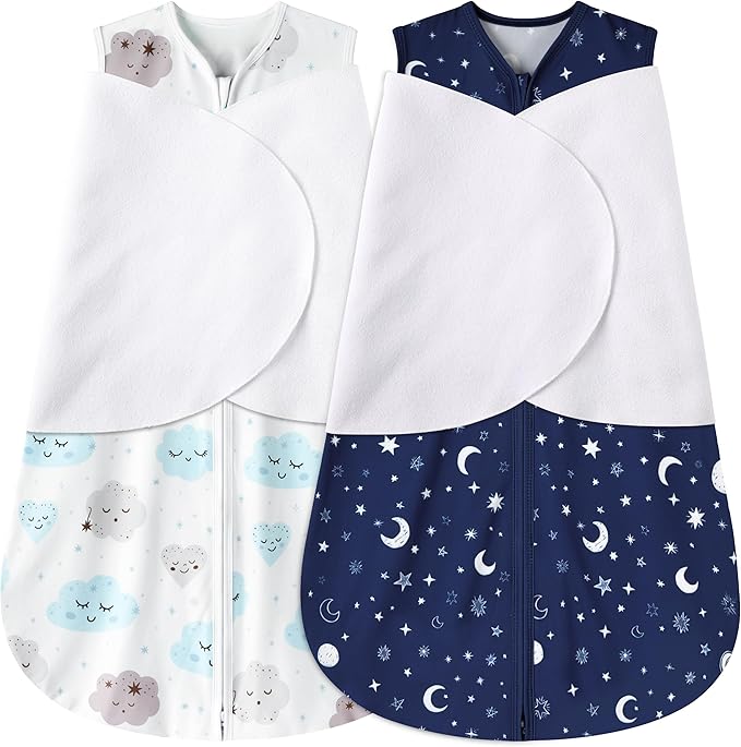Newborn Sleep Sack Baby Swaddle,6-12 Months,3-Way Adjustable Wearable Blanket,100% Rayon Cotton Swaddling Sleeping Bag，TOG 0.5（Clouds&Starry Sky）