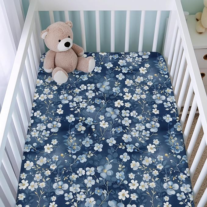 Wonderful Flowers Baby Crib Sheets for Boy Girl 52"x28" Navy White Wild Flowers Leaves Crib Mattress Covers Soft Breathable Boho Spring Garden Baby Sheets for Standard Crib and Toddler Bed Mattress