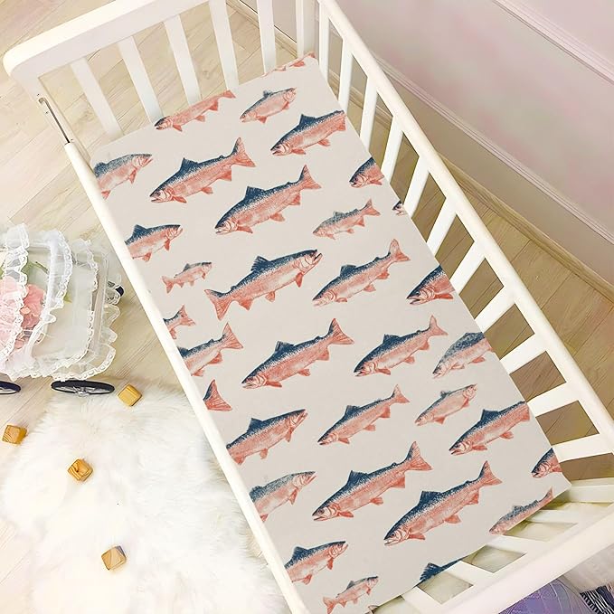 Sea Vintge Salmon Fish Crib Sheets Soft Breathable Fitted Baby Crib Sheets Mattress Cover for Girls Boys, 52" x 28" x 9"
