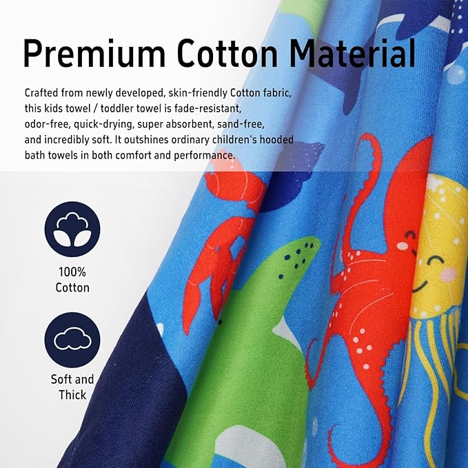 Thickened Hooded Towels for Kids Suitable Girls Boys Kids Bath Towels, 30"x50" Super Absorbent, Shark Cute Cartoon Toddler Towels Multi-Purpose for Beach, Pool and Bathroom