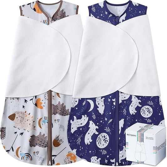 Newborn Sleep Sack Baby Swaddle,3-Way Adjustable Wearable Blanket,100% Rayon Cotton Swaddling Sleeping Bag，TOG 0.5 (Fox & Dinosaurs, 0-3 Months)