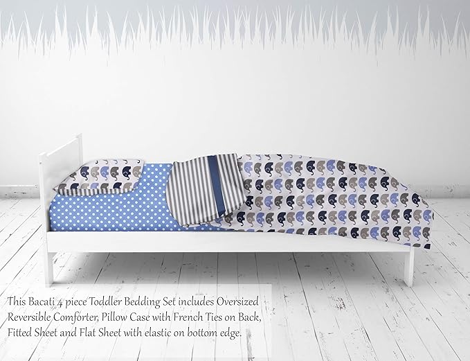 Bacati - Elephants Blue/Grey 4 Pc Toddler Bedding Set 100 Percent Cotton Includes Reversible Comforter, Fitted Sheet, Top Sheet, and Pillow Case for Boys