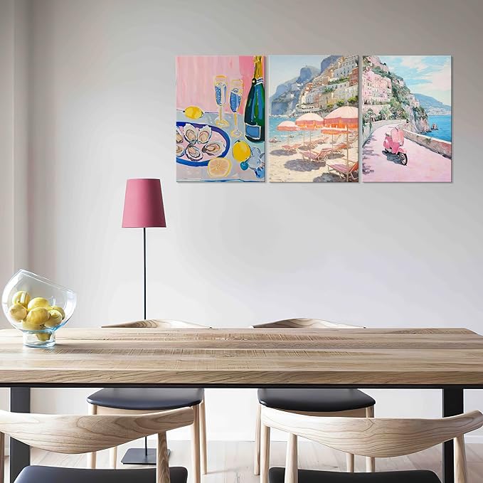 Framed Amalfi Coast Beach Wall Art Italian Beach Landscape Posters Pink Pastel Aesthetic Preppy Beachy Painting Prints Fruit Champagne Canvas Art Decor for Bar Girls Bedroom Dorm Apartment 24'' x 16''