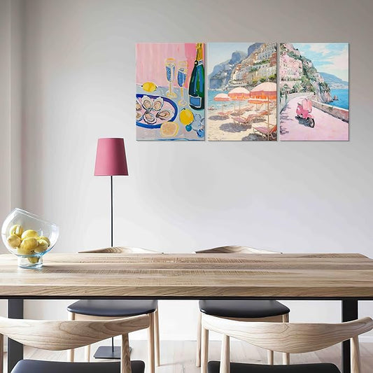 Framed Amalfi Coast Beach Wall Art Italian Beach Landscape Posters Pink Pastel Aesthetic Preppy Beachy Painting Prints Fruit Champagne Canvas Art Decor for Bar Girls Bedroom Dorm Apartment 24'' x 16''