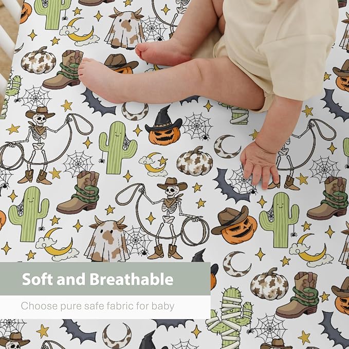 Western Halloween Cowboy Baby Crib Sheets for Boy Girl 52x28Inch Spooky Skeleton Pumpkin Cactus Witch Bats Soft Snug Fitted Crib Mattress Cover Wild West Country Baby Sheet for Crib & Toddler Mattress