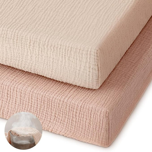 Muslin Pack and Play Sheets Fitted, 100% Cotton Mini Crib Sheets 2 Pack for Pack N Play Mattress, Stretchy Playard Sheet, Soft and Breathable Gradient Pink
