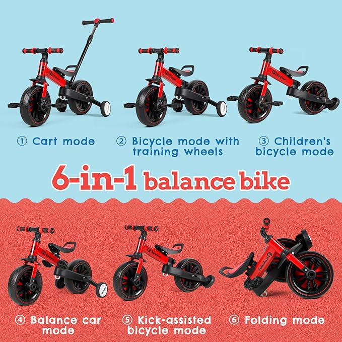 Kids Balance Bike with Push Handle, Tricycle for Toddlers 1-3 Years Old, Kids Bicycle with Adjustable Seat, Removable Pedals, Auxiliary Wheels, Foldable Metal Frame